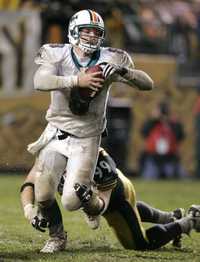 Brett Keisel, ala defensiva de los Acereros de Pittsburgh, en un momento del partido contra los Delfines