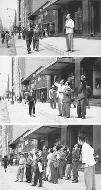 Secuencia de la serie Los mirones, ciudad de México, ca. 1953. "¿Qué veían los mirones de la Casa Nieto de San Juan de Letrán?, todo indica que algo relacionado con la Torre Latinoamericana, el rascacielos propiedad de una compañía aseguradora que levantó, literal y metafóricamente, las miras de la capital mexicana en las postrimerías del régimen alemanista", escribe Alfonso Morales, director de la revista Luna Córnea