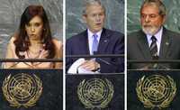 Los presidentes de Argentina, Cristina Fernández de Kirchner; de Estados Unidos, George W. Bush, y de Brasil, Luiz Inacio Lula da Silva, ayer en el debate anual de la Asamblea General de la ONU, cuya agenda está dedicada a cómo ayudar a mil millones de pobres en el mundo