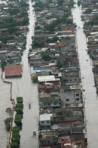 A dos semanas del desbordamiento del río Coatzacoalcos y de sus afluentes, continúan las inundaciones en los municipios de Minatitlán (en la imagen), Hidalgotitlán, Jaltipan, Cosoleacaque y Las Choapas, donde más de 110 localidades permanecen incomunicadas. Unas 20 mil personas enfrentan escasez de víveres y agua, infecciones epidérmicas y ataques de nauyacas, tarántulas y lagartos