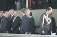 Joaquín Gamboa, Andrés Granier, Miguel Ángel Mancera y Marcelo Ebrard, en el homenaje que el gobierno federal rindió en el Campo Marte a Juan Camilio Mouriño y los ocho servidores públicos que fallecieron el martes al desplomarse el avión en que viajaban a la ciudad de México